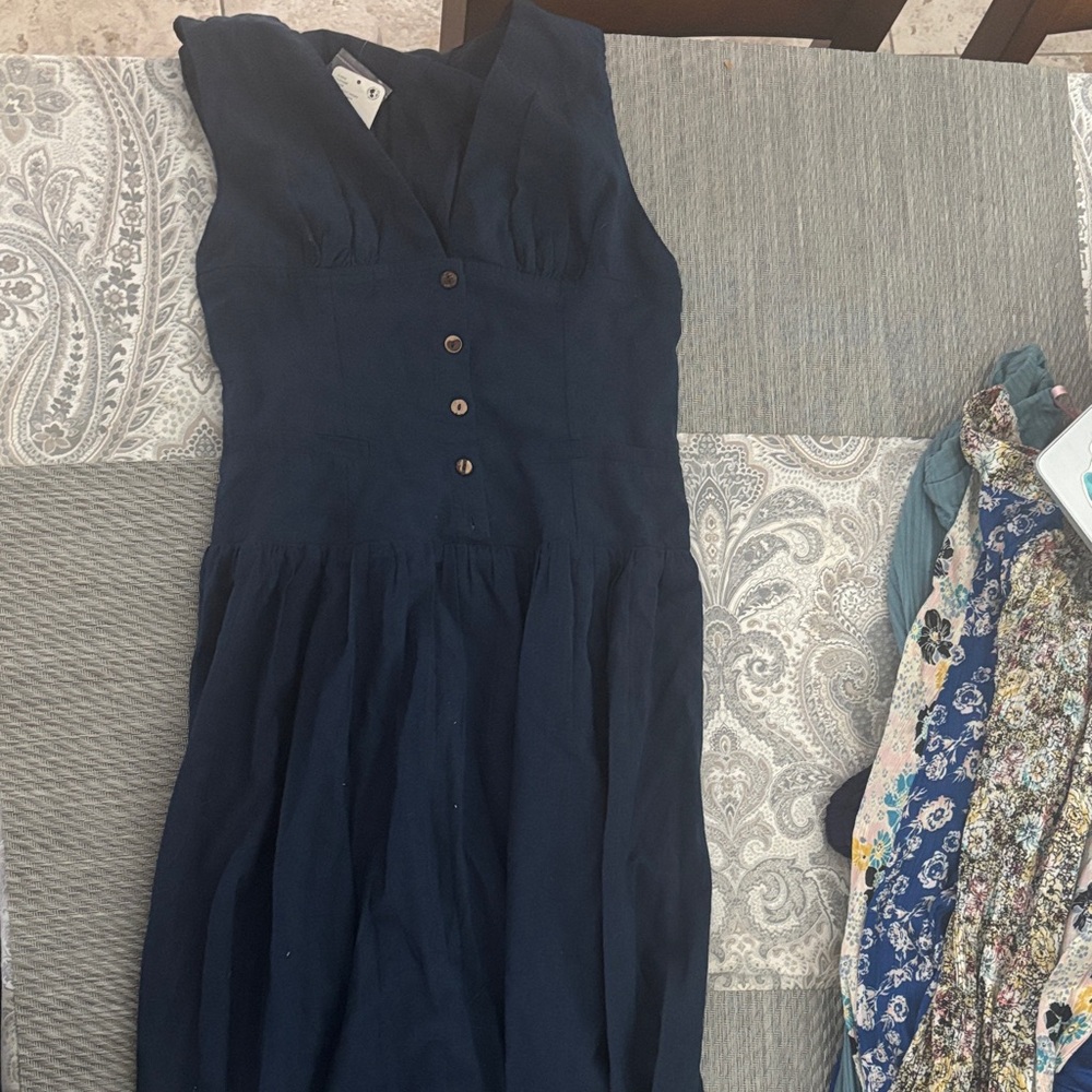 Free People Navy Button-Front Midi Dress